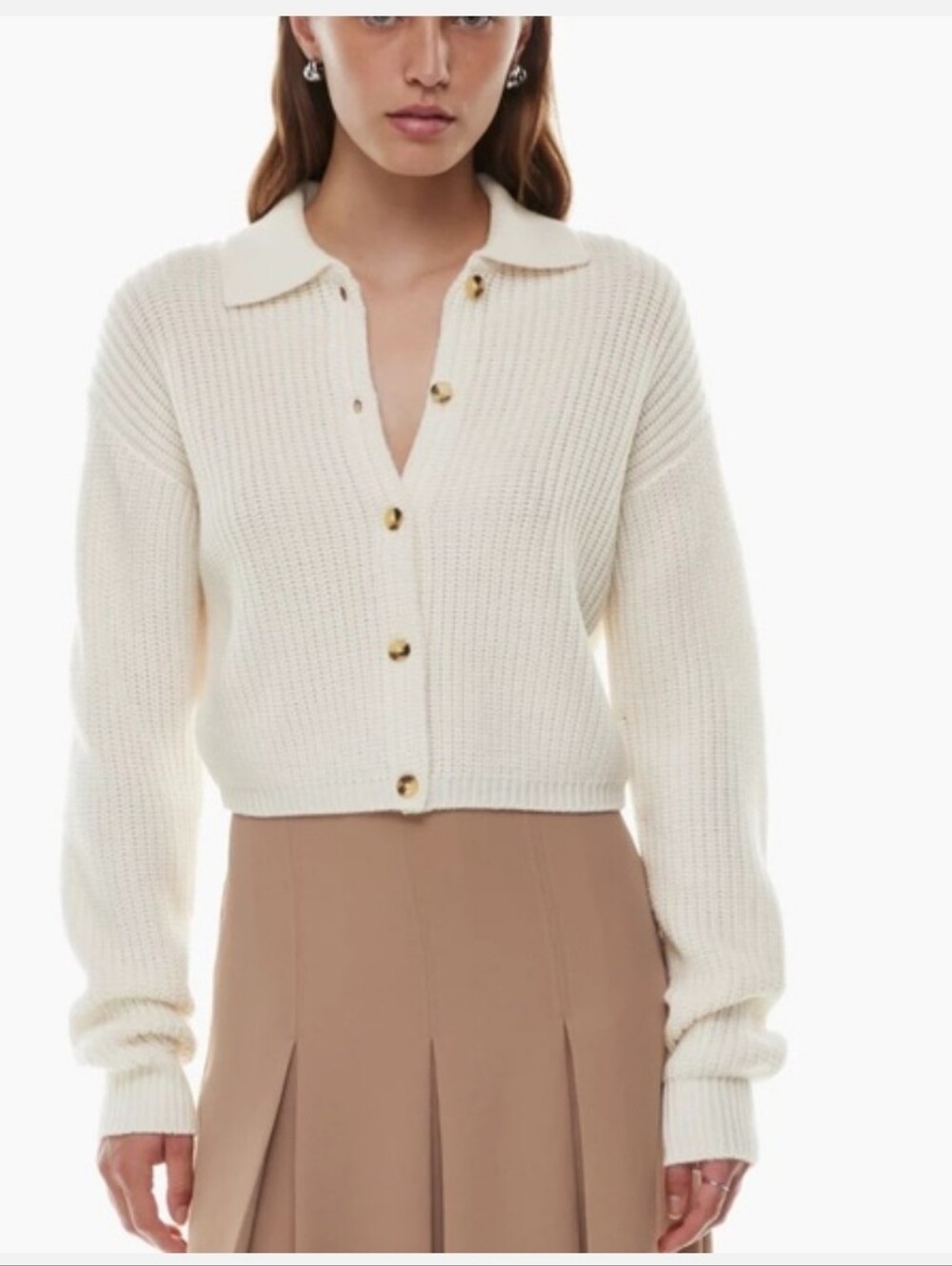 100% Merino Wool  Cropped Cream Button-Front Knit Sweater